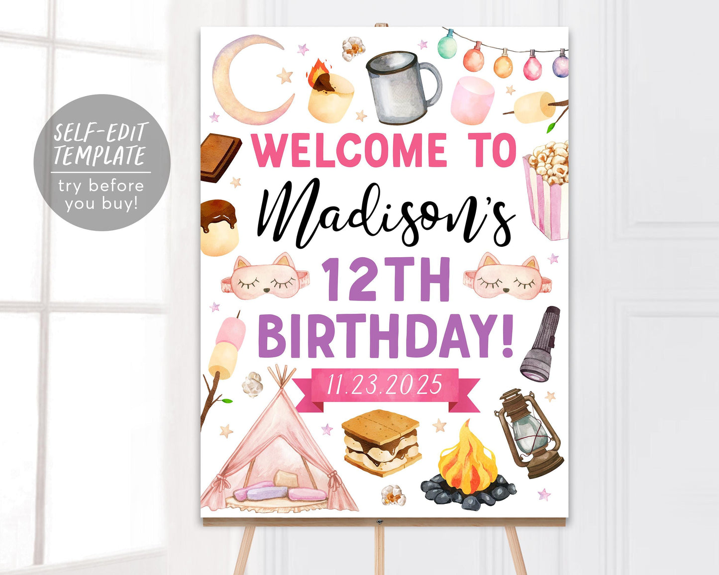 Glamping Party Welcome Sign Editable Template