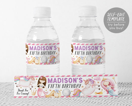 Mermaids And Unicorns Water Bottle Labels Editable Template