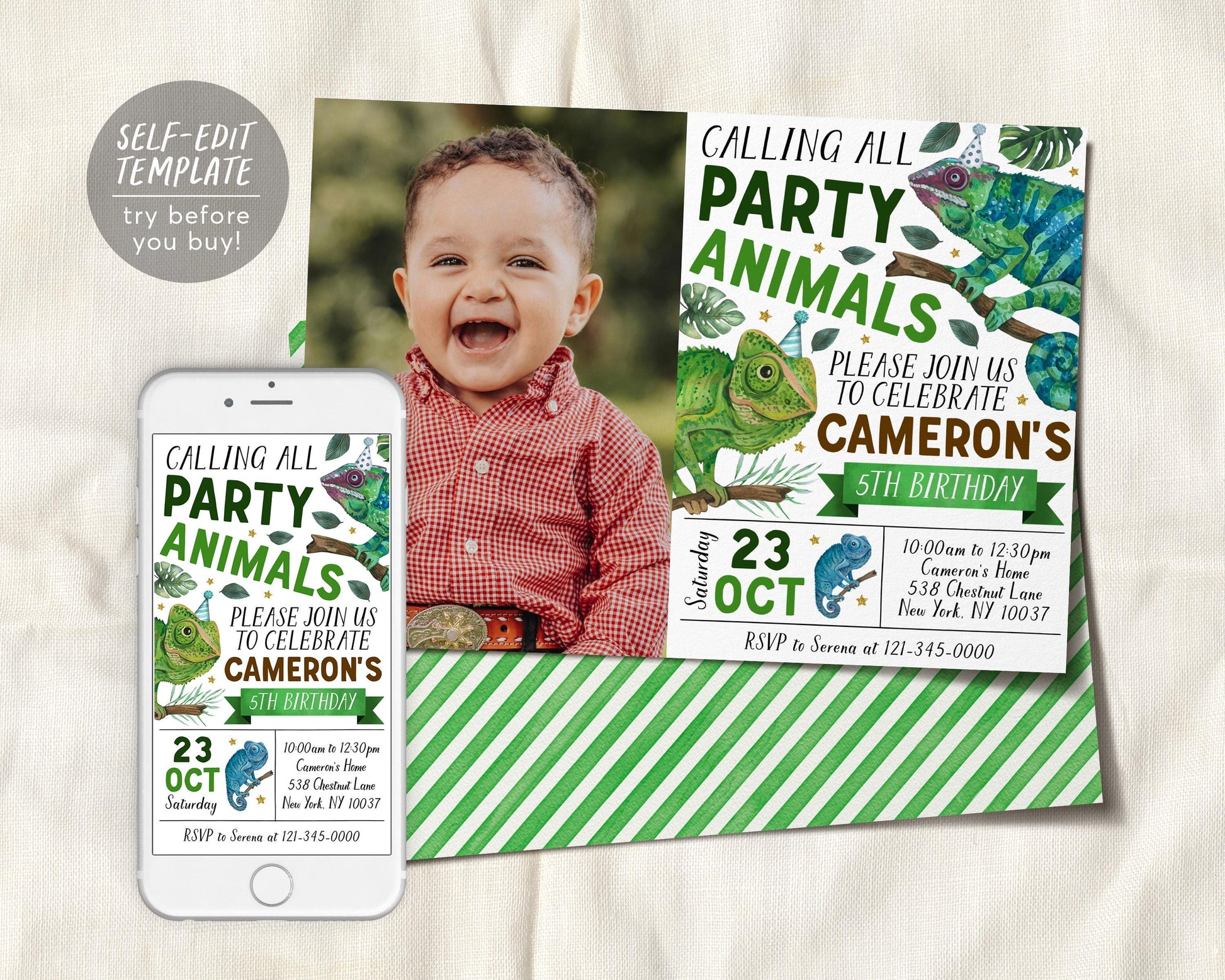 Chameleon Birthday Invitation With Photo Editable Template