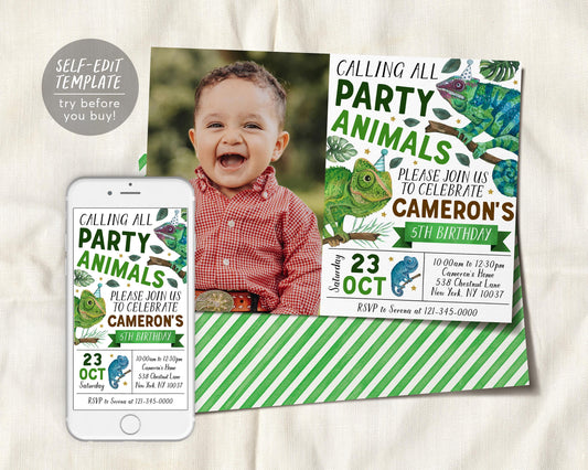 Chameleon Birthday Invitation With Photo Editable Template