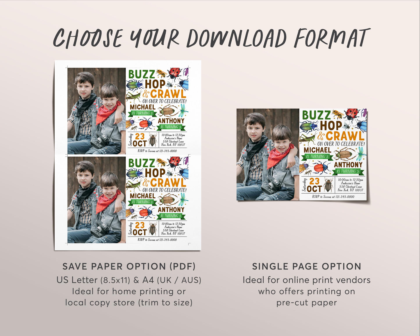 Insect Bugs Joint Siblings Birthday Invitation With Photo Editable Template, Twins Boy Brothers Buzz Hop Crawl Party Invite, Garden Evite