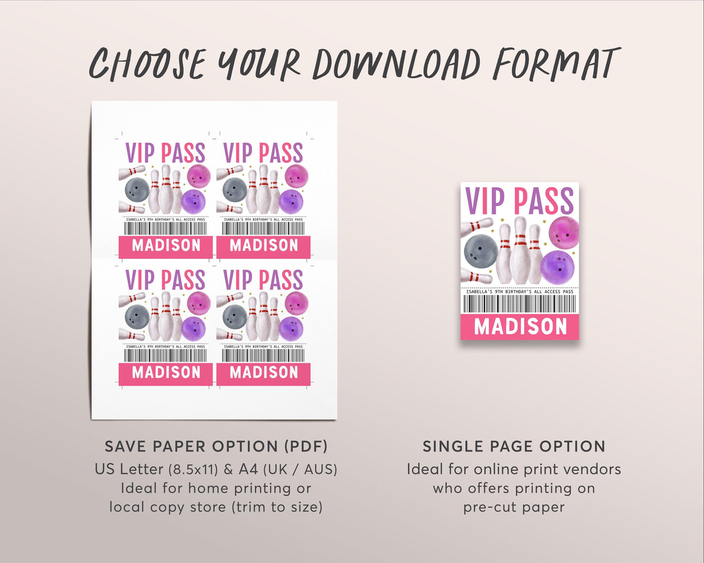 Bowling Birthday VIP Pass Editable Template, Girl Bowling Party Bash All Access Pass, Bowling Alley Name Insert, ID Badge Insert Lanyard