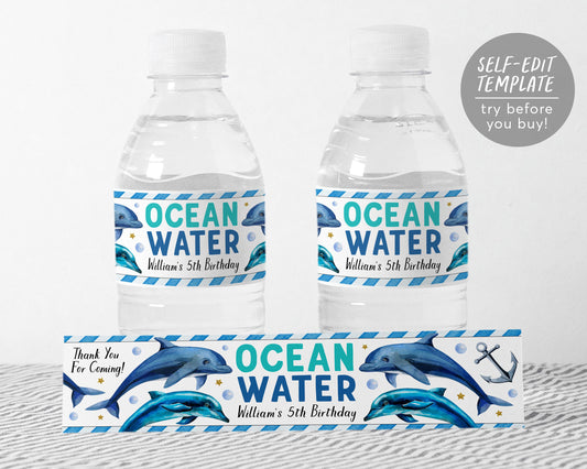 Dolphin Water Bottle Labels Editable Template