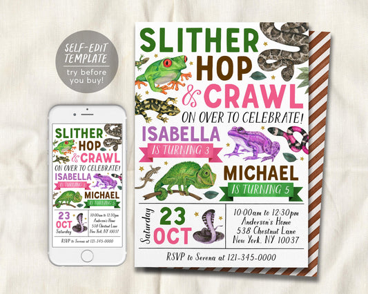 Reptile Joint Siblings Birthday Invitation Editable Template