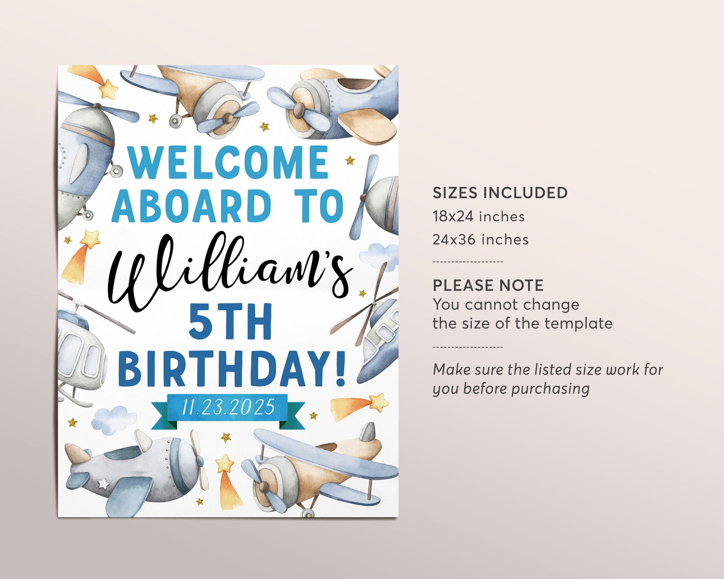 Airplane Birthday Party Welcome Sign Editable Template, Boy Aviation Plane Theme Fly On Over Party Poster, Welcome Aboard Pilot Decor