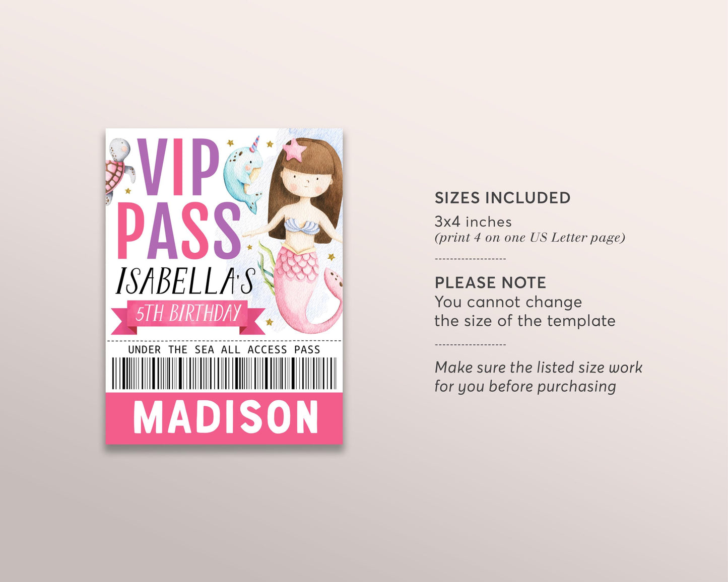 Mermaid Birthday VIP Pass Editable Template, Under The Sea Mermaid Party All Access Pass, Magical Underwater Name Insert, ID Badge Lanyard