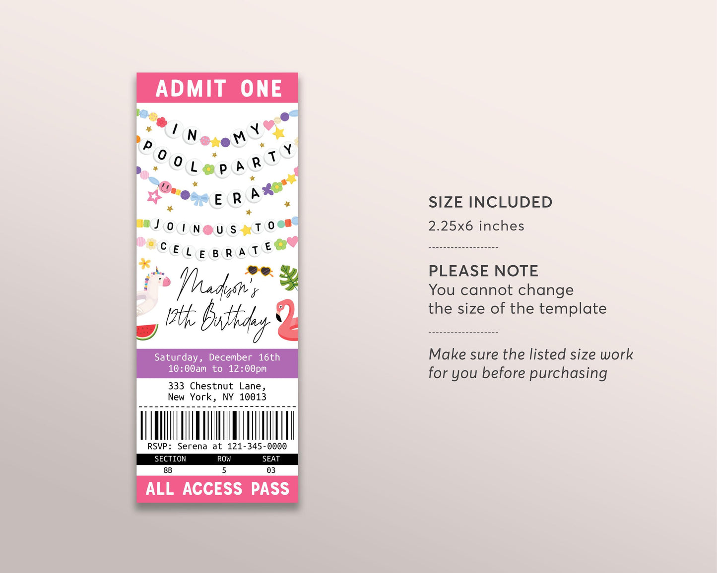 In My Pool Party Era Ticket Invitation Editable Template, Summer Birthday Era Friendship Bracelet Party Invite, Swimming Beach Eras Evite