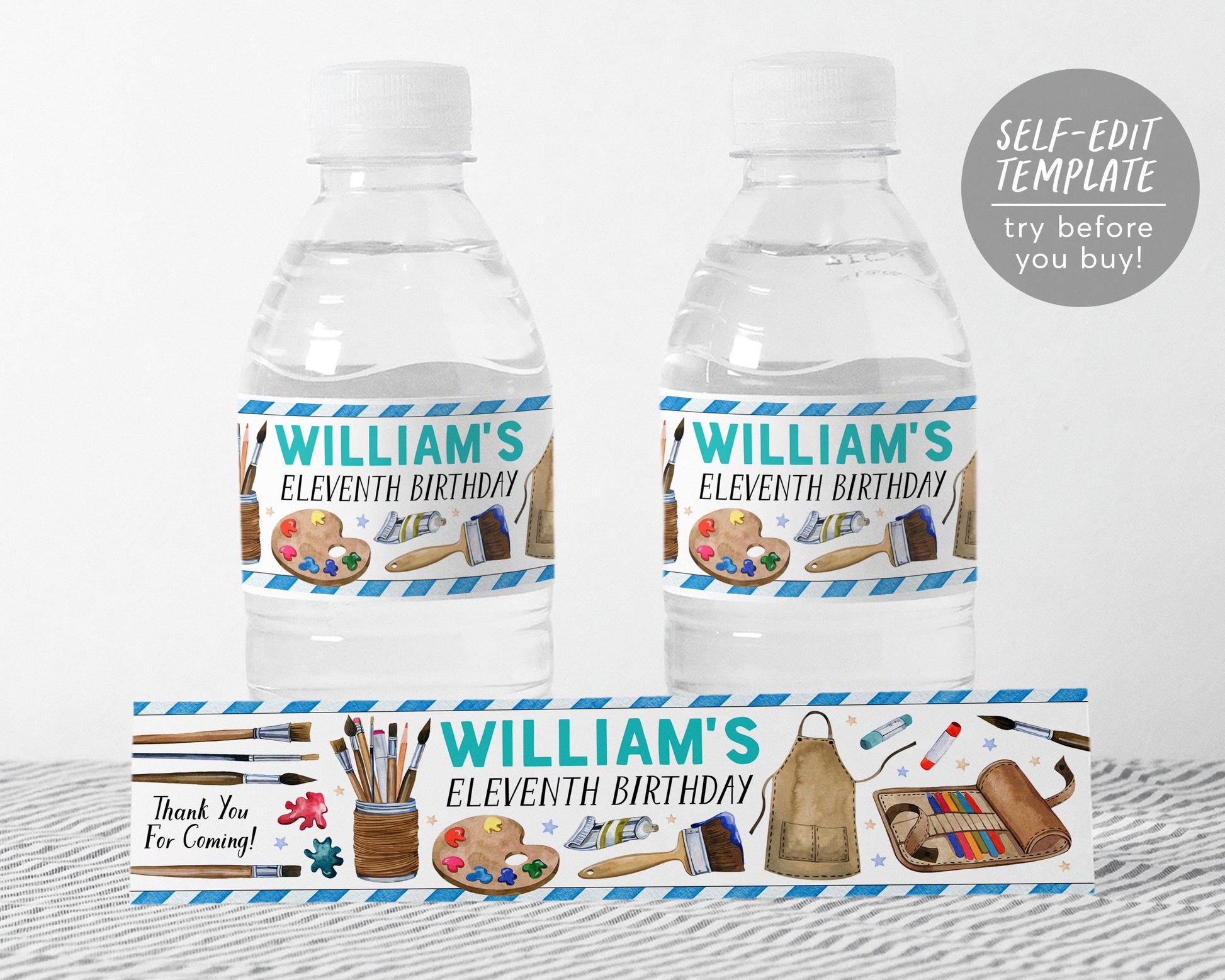 Art Party Water Bottle Labels Editable Template