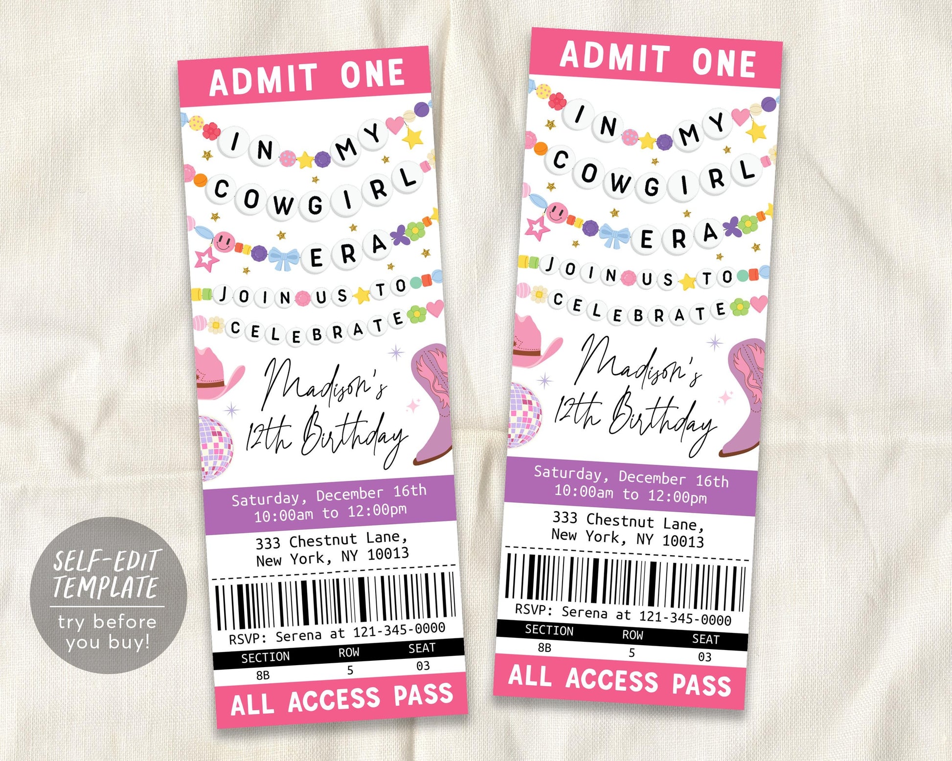 In My Cowgirl Era Ticket Invitation Editable Template