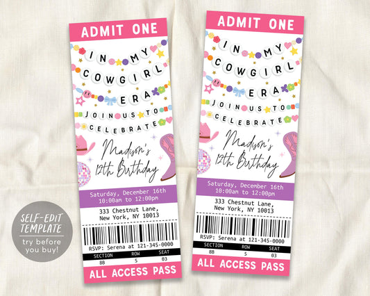 In My Cowgirl Era Ticket Invitation Editable Template