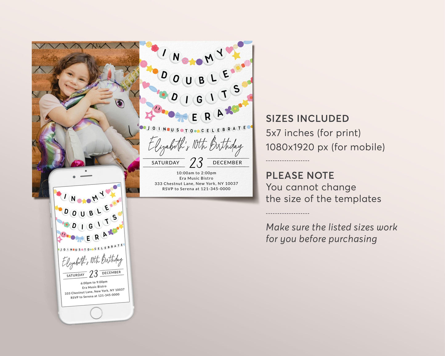 In My Double Digits Era Invitation With Photo Editable Template, Friendship Bracelet Party Invite, Tenth 10th Birthday Girl Eras Music Evite