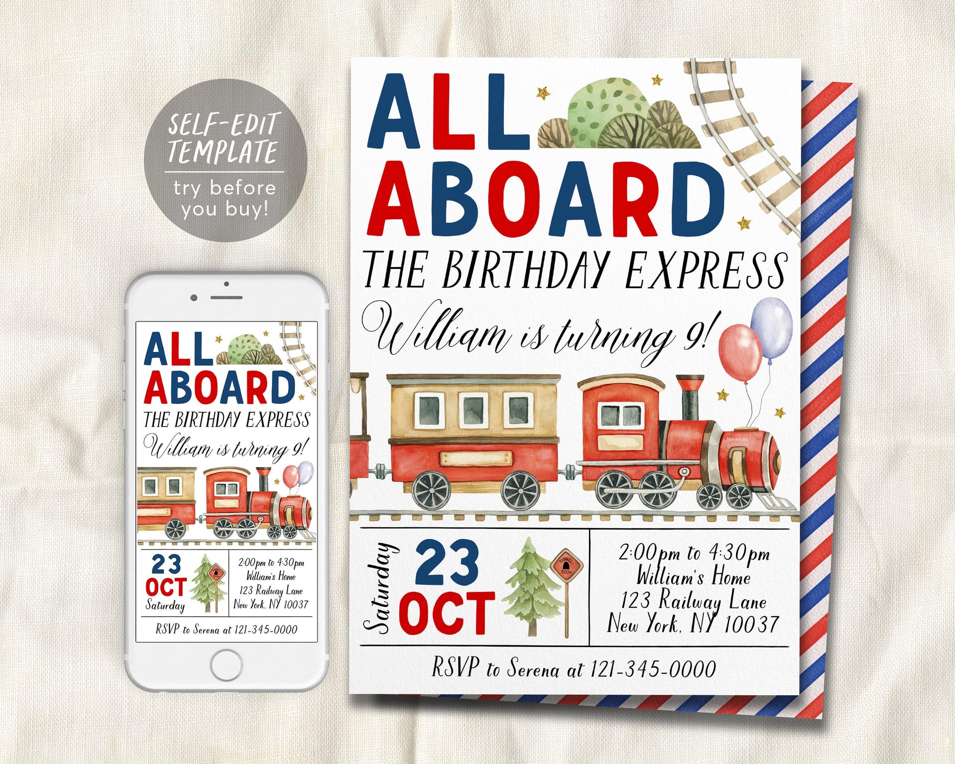 Train Birthday Invitation Editable Template