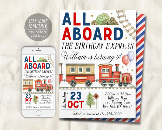 Train Birthday Invitation Editable Template