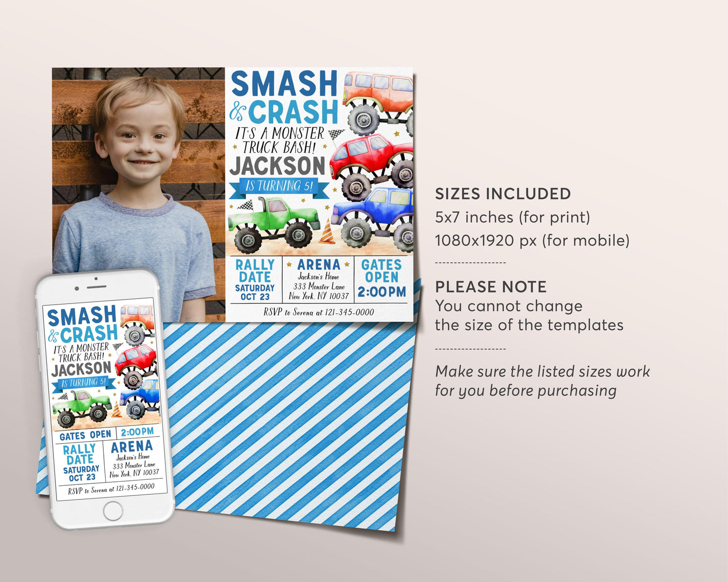 Monster Truck Birthday Invitation With Photo Editable Template, It's A Monster Truck Bash Invite, Boy Smash And Crash Party Evite Any Age