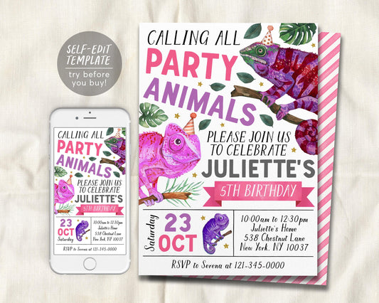 Chameleon Birthday Invitation Editable Template
