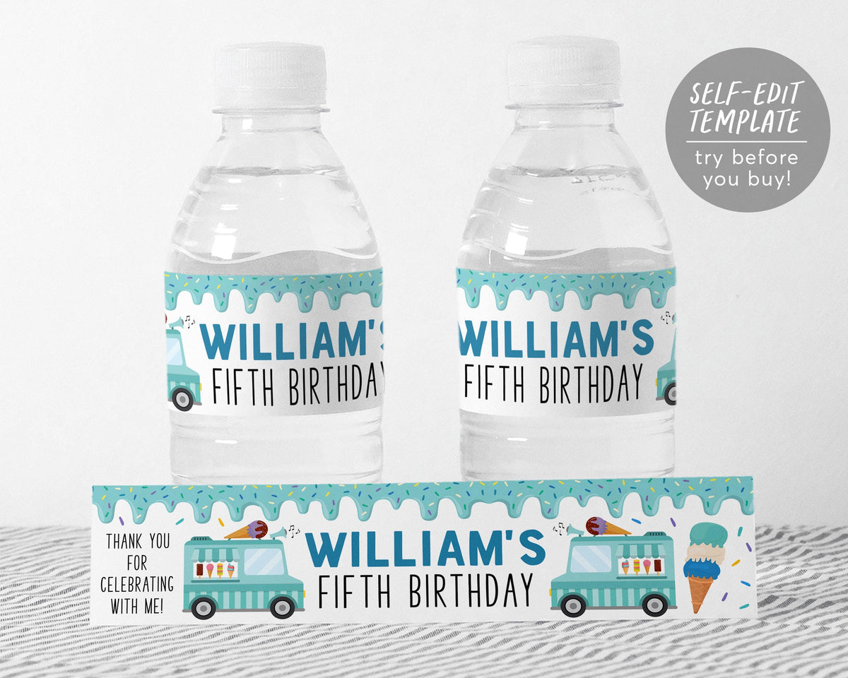 Ice Water Label Ice Cream Truck Water Bottle Labels Editable Template, Unisex Boy Summ ...
