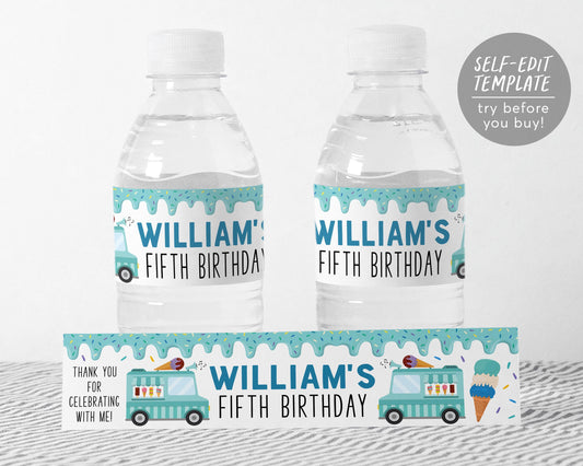 Ice Cream Truck Water Bottle Labels Editable Template