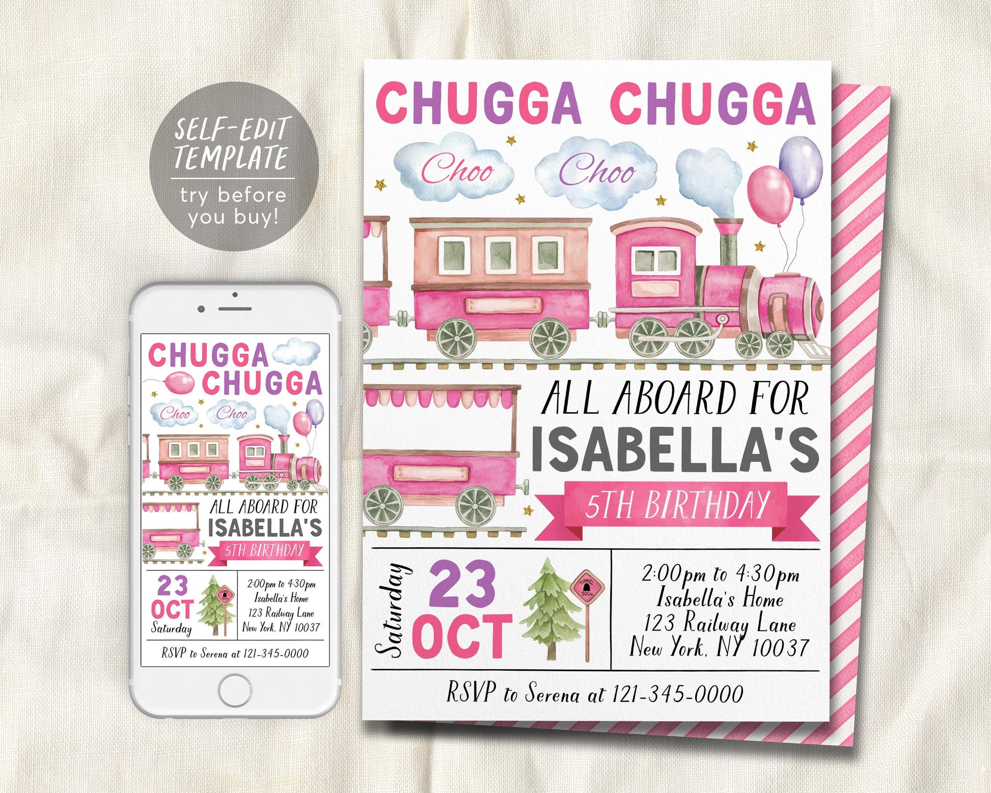 Train Birthday Invitation Editable Template