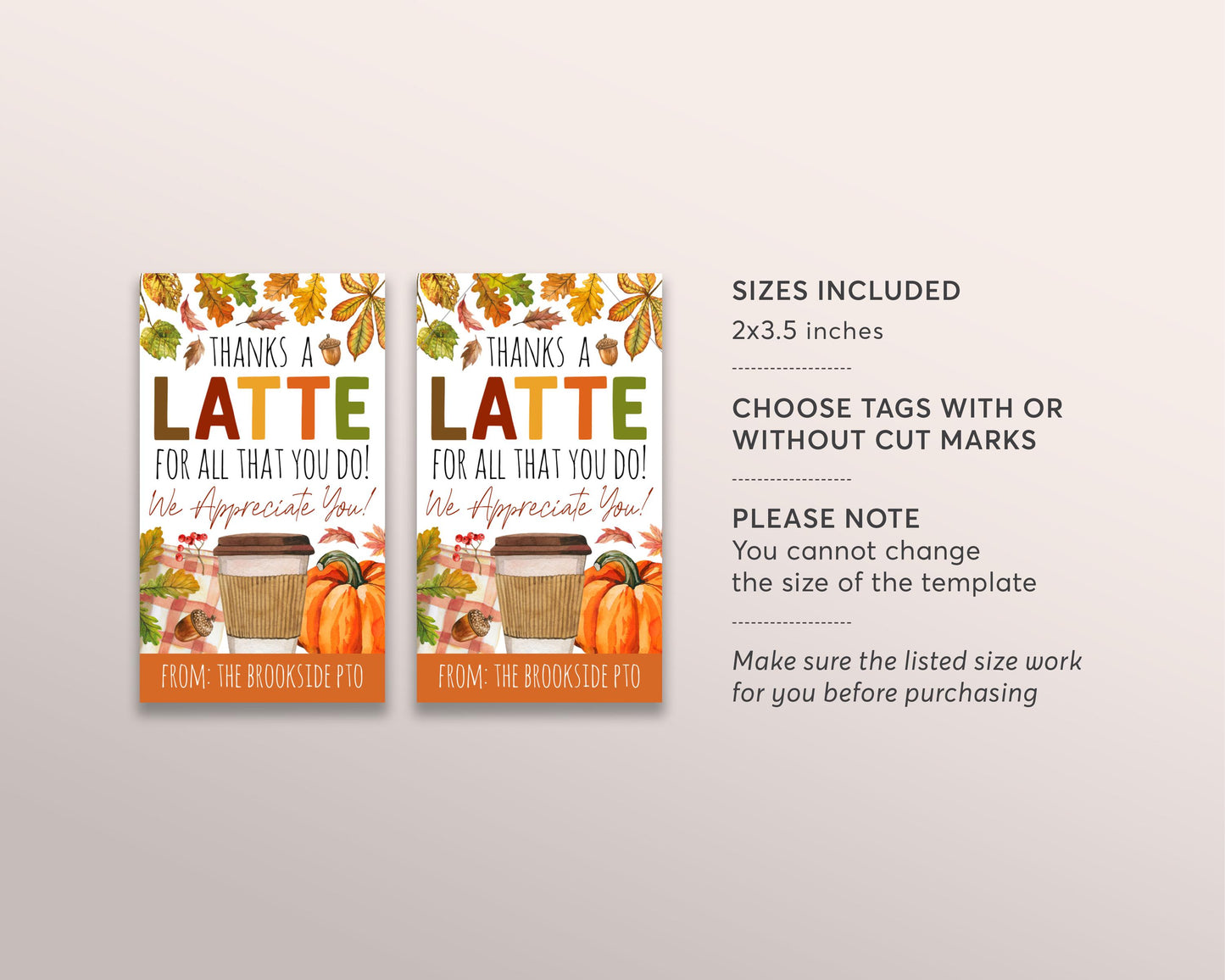Fall Thanks a Latte Gift Tag Editable Template, Coffee Thank You Appreciation Labels, Autumn Leaves Tag For Employee Coworker Volunteer