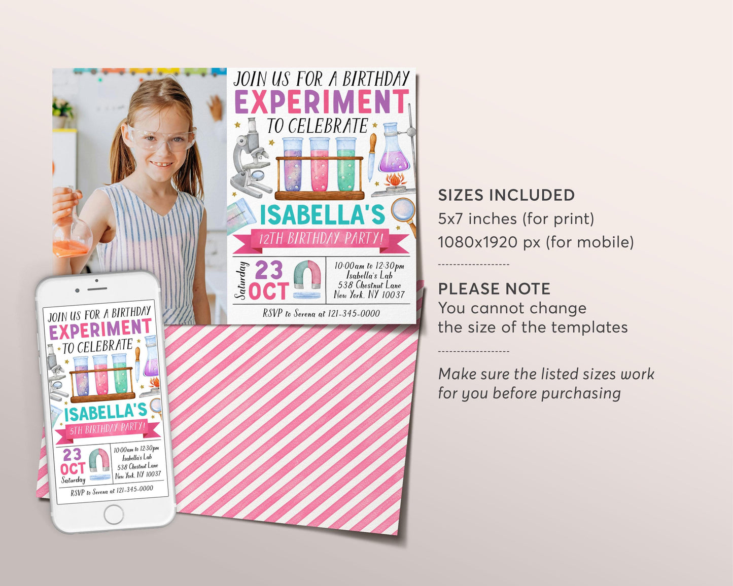 Science Birthday Invitation With Photo Editable Template, Girl Birthday Experiment Party Invite, Kids Science Lab Mad Scientists Party Evite