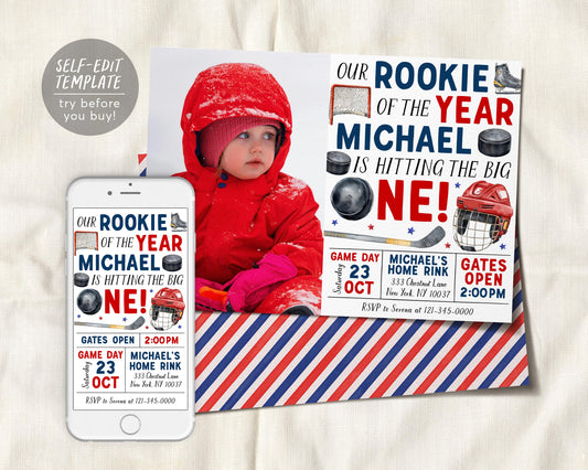 Ice Hockey First Birthday Invitation With Photo Editable Template