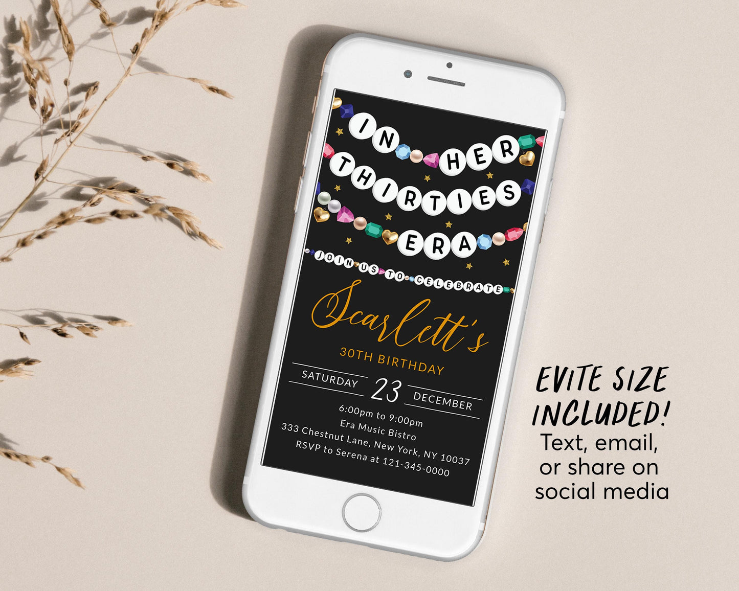 In My Thirties Era Invitation Editable Template, Friendship Bracelet Party Invite, Thirtieth 30th Birthday Girl Eras Music Black Gold Evite