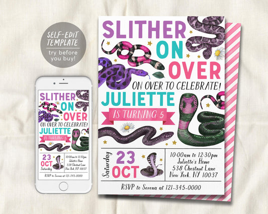 Snake Birthday Invitation Editable Template