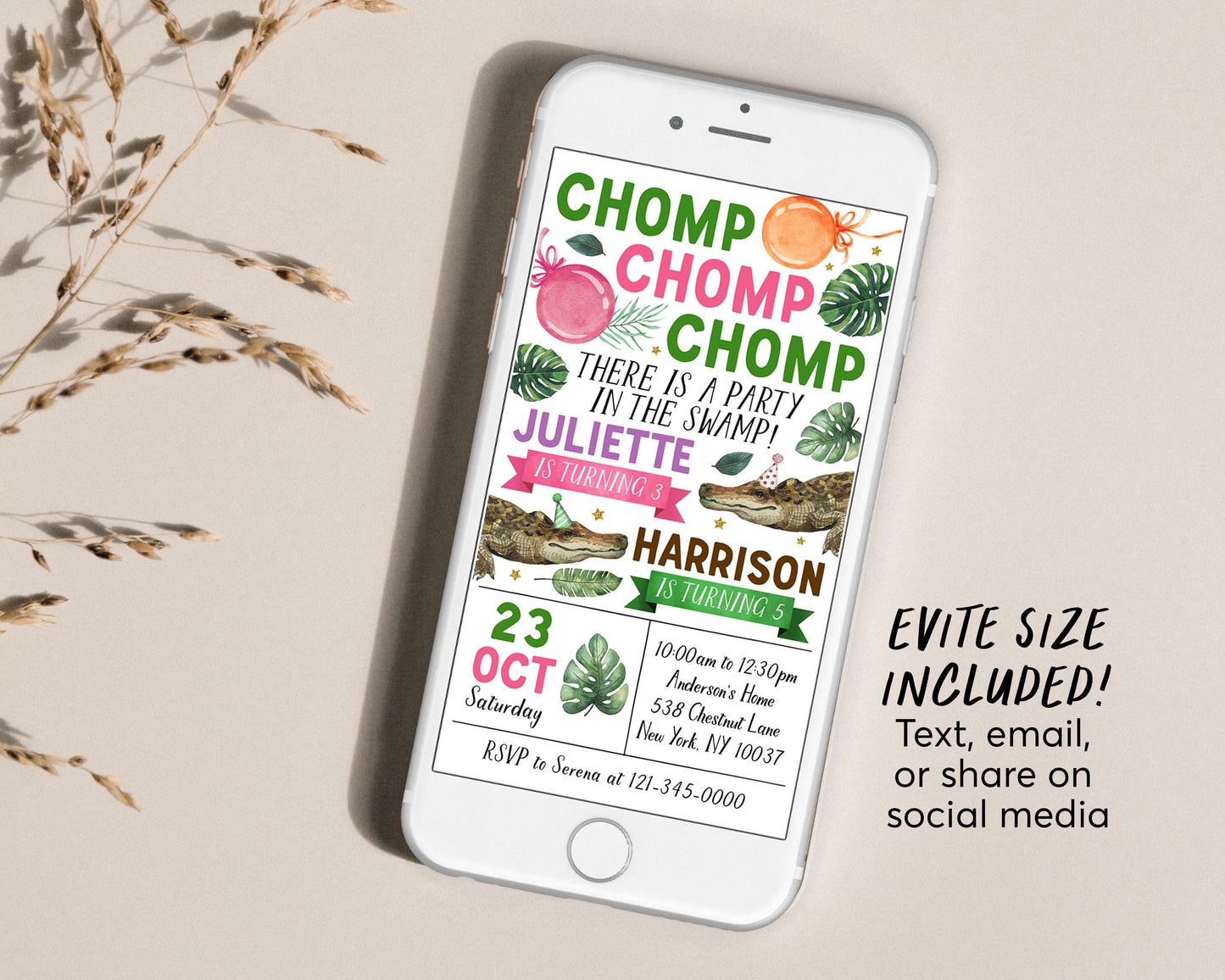 Crocodile Joint Siblings Birthday Invitation With Photo Editable Template, Boy Girl Twins Chomp Chomp Party Invite, Alligator Swamp Evite