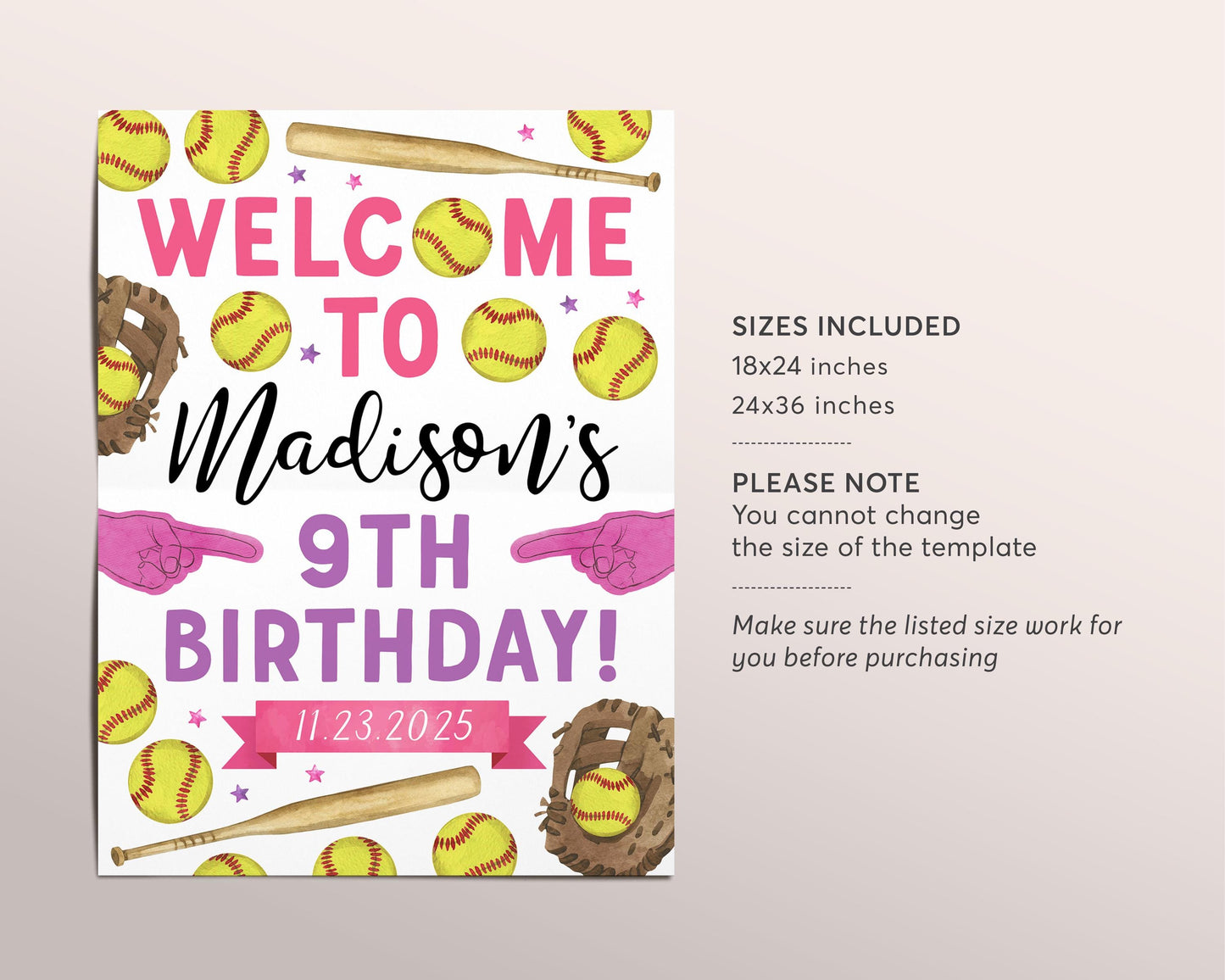 Softball Birthday Welcome Sign Editable Template, Girl Swing On Over Sports Theme Birthday Poster, End of Season Volleyball Sport Party Sign