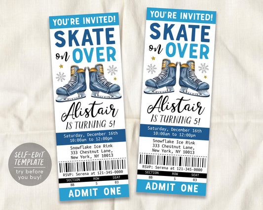 Ice Skating Birthday Ticket Invitation Editable Template