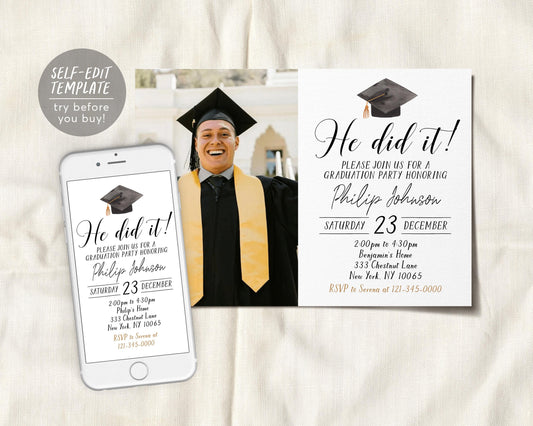 Graduation Invitation With Photo Editable Template