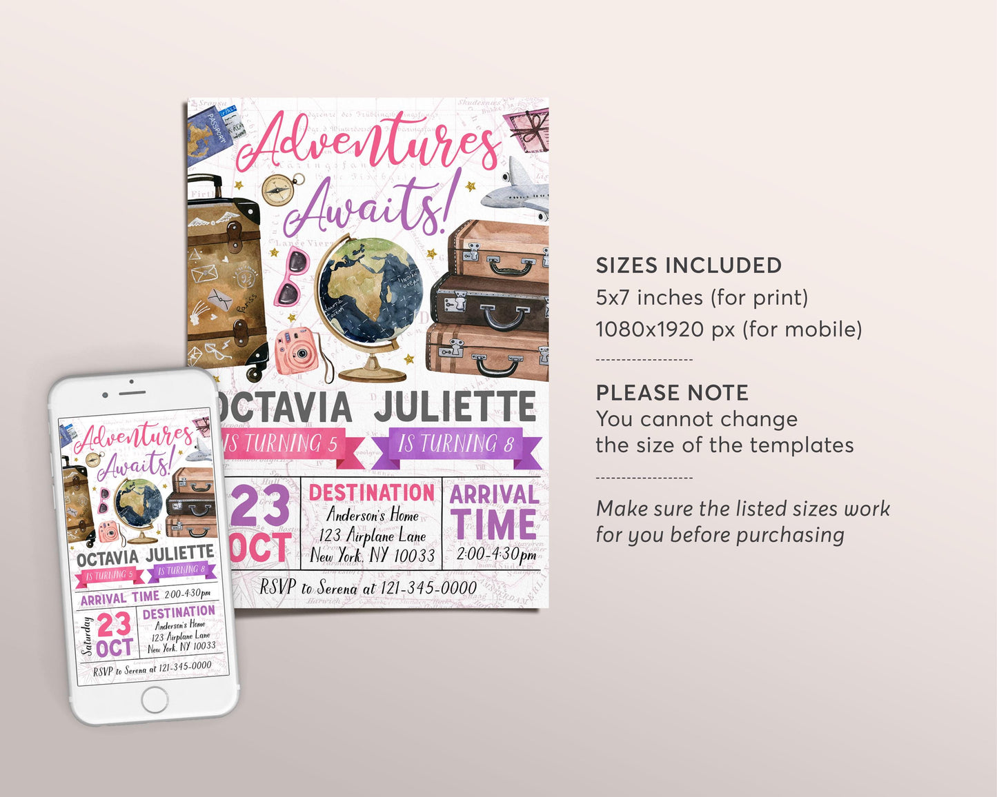 Adventure Awaits Travel Joint Siblings Birthday Invitation Editable Template, Twin Girls Around the World Party Invite, Vintage Map Evite