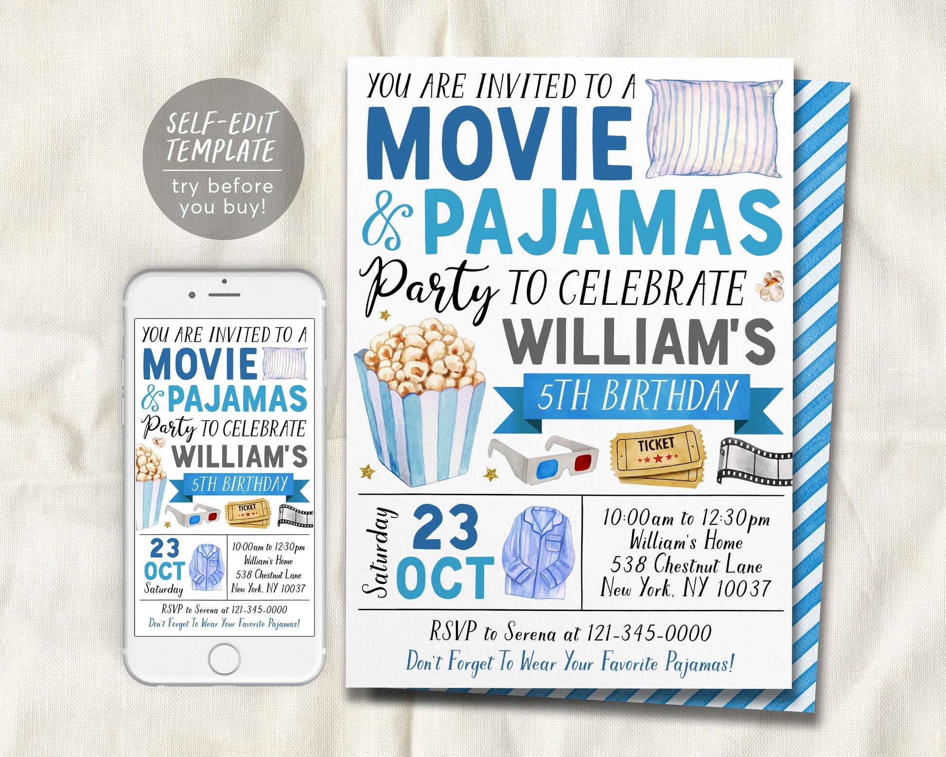 Movie and Pajamas Birthday Invitation Editable Template