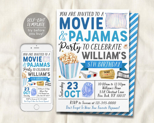 Movie and Pajamas Birthday Invitation Editable Template