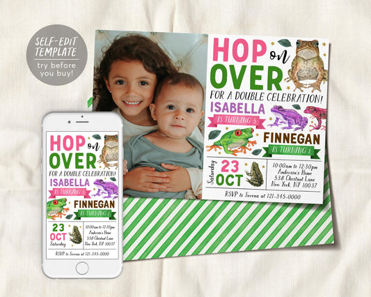 Frog Joint Siblings Birthday Invitation With Photo Editable Template