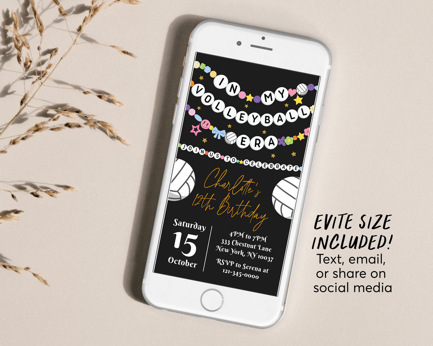 In My Volleyball Era Birthday Invitation Editable Template, Volleyball Friendship Bracelet Party Invite, Sports Game Black Gold Eras Evite