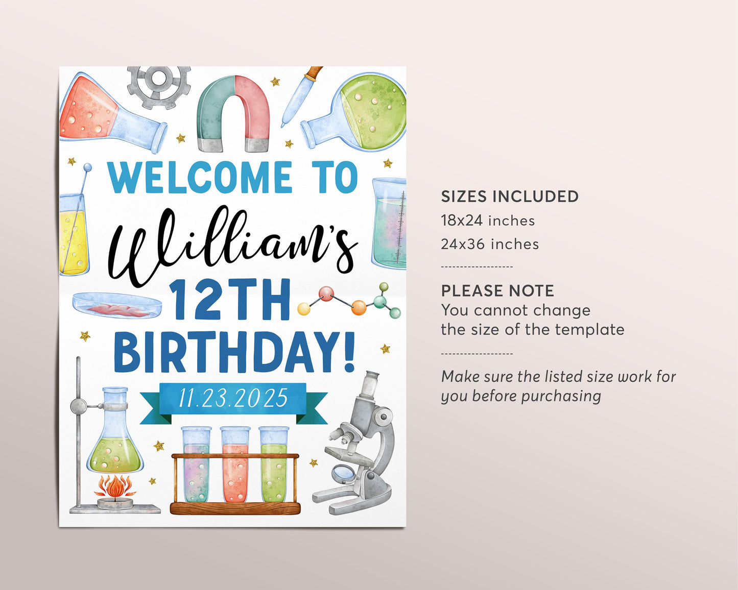 Science Theme Birthday Welcome Sign Editable Template, Boy Birthday Experiment Party Poster, Kids Science Lab Scientific Poster Printable