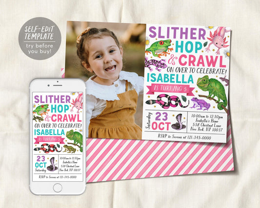 Reptile Birthday Invitation With Photo Editable Template