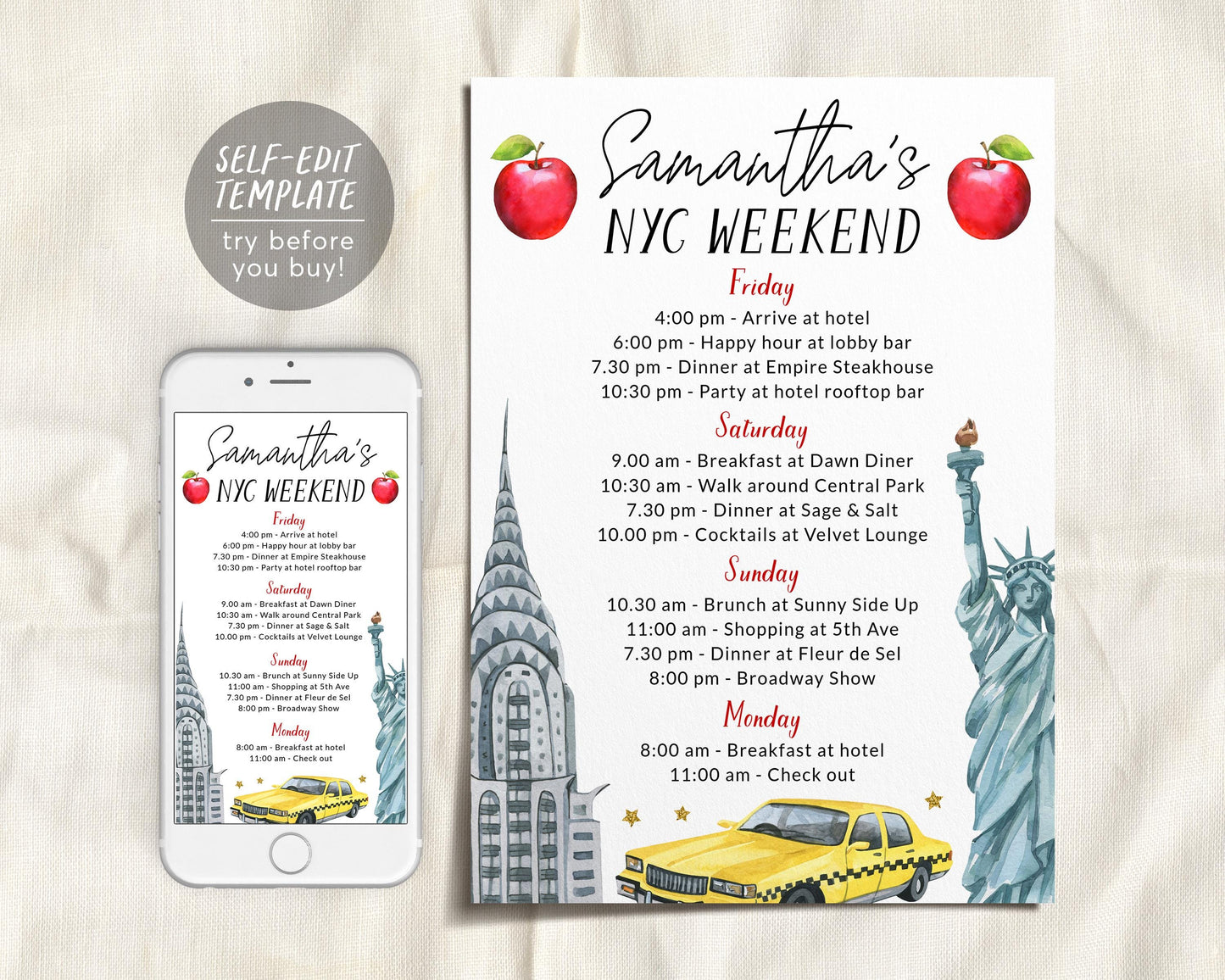 New York Bachelorette Itinerary And Invitation Editable Template, New York Travel Planner Invite, NYC Girls Night Out Weekend Schedule