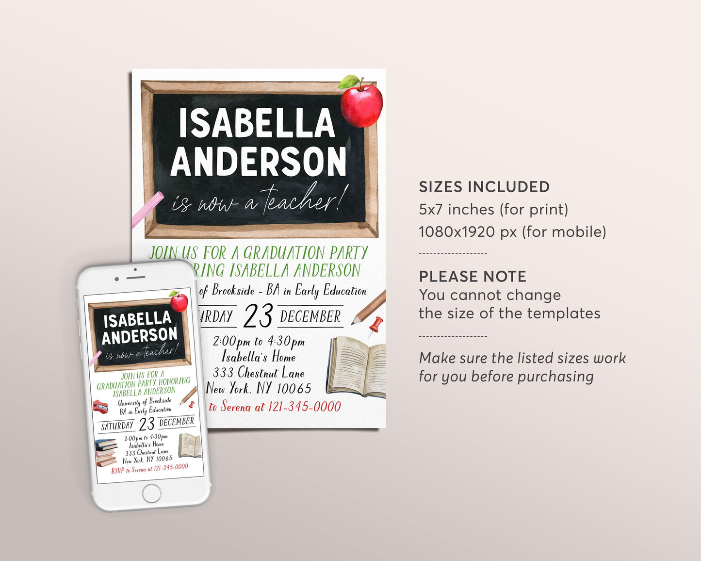 Teacher Graduation Invitation Editable Template, Teaching Diploma Graduation Announcement Party Invite, Early Child Education Grad Evite