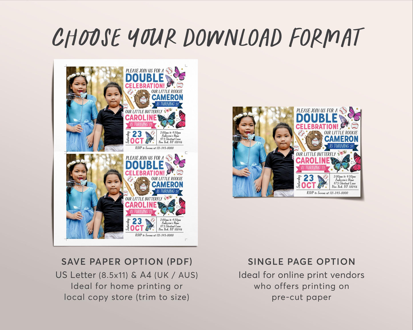 Butterfly Baseball Joint Siblings Birthday Invitation With Photo Editable Template, Girl Boy Butterflies Sports Party Invite Double Evite