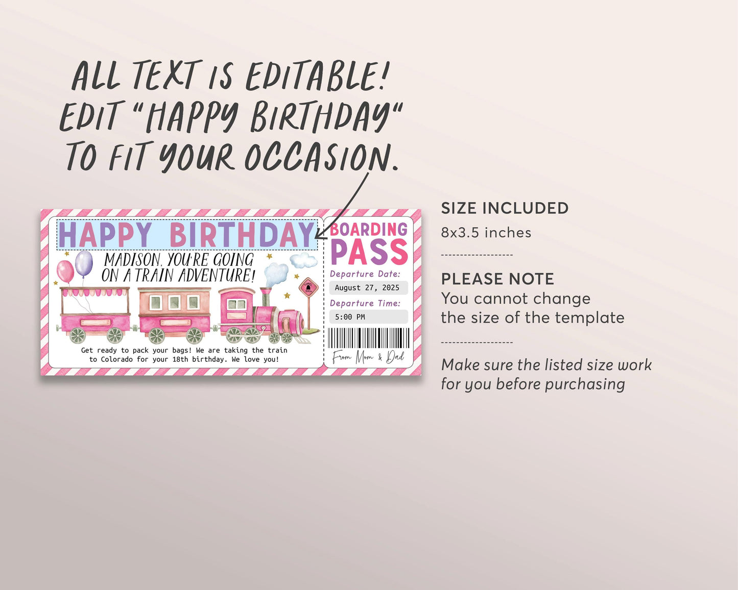 Train Ticket Boarding Pass Editable Template, Girl Birthday Surprise Weekend Getaway Vacation Travel Gift Certificate, Train Lover Travel