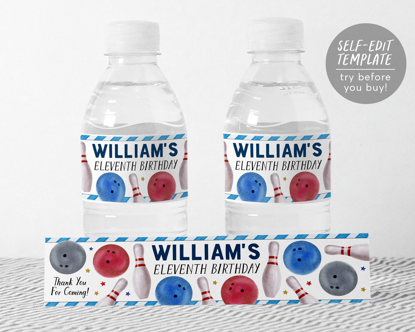 Bowling Water Bottle Labels Editable Template