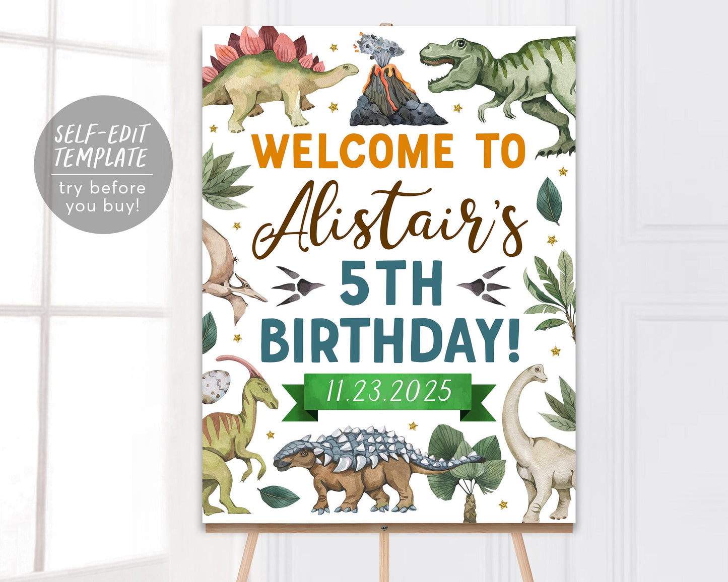 Dinosaur Birthday Party Welcome Sign Editable Template