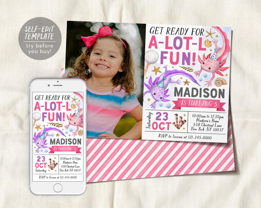 Axolotl Birthday Invitation With Photo Editable Template