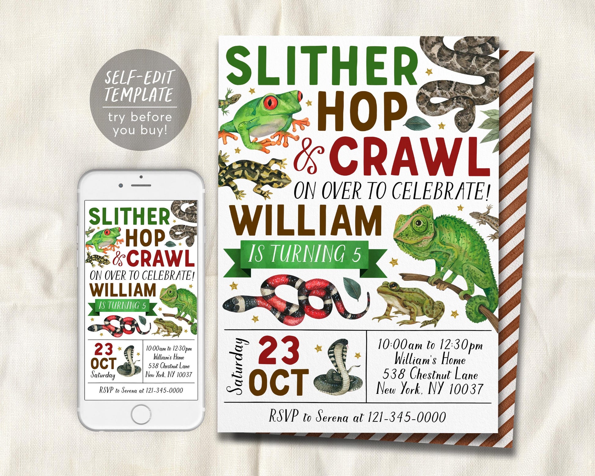 Reptile Birthday Invitation Editable Template