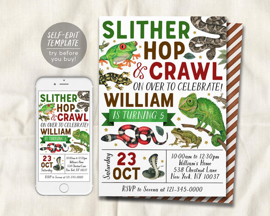 Reptile Birthday Invitation Editable Template