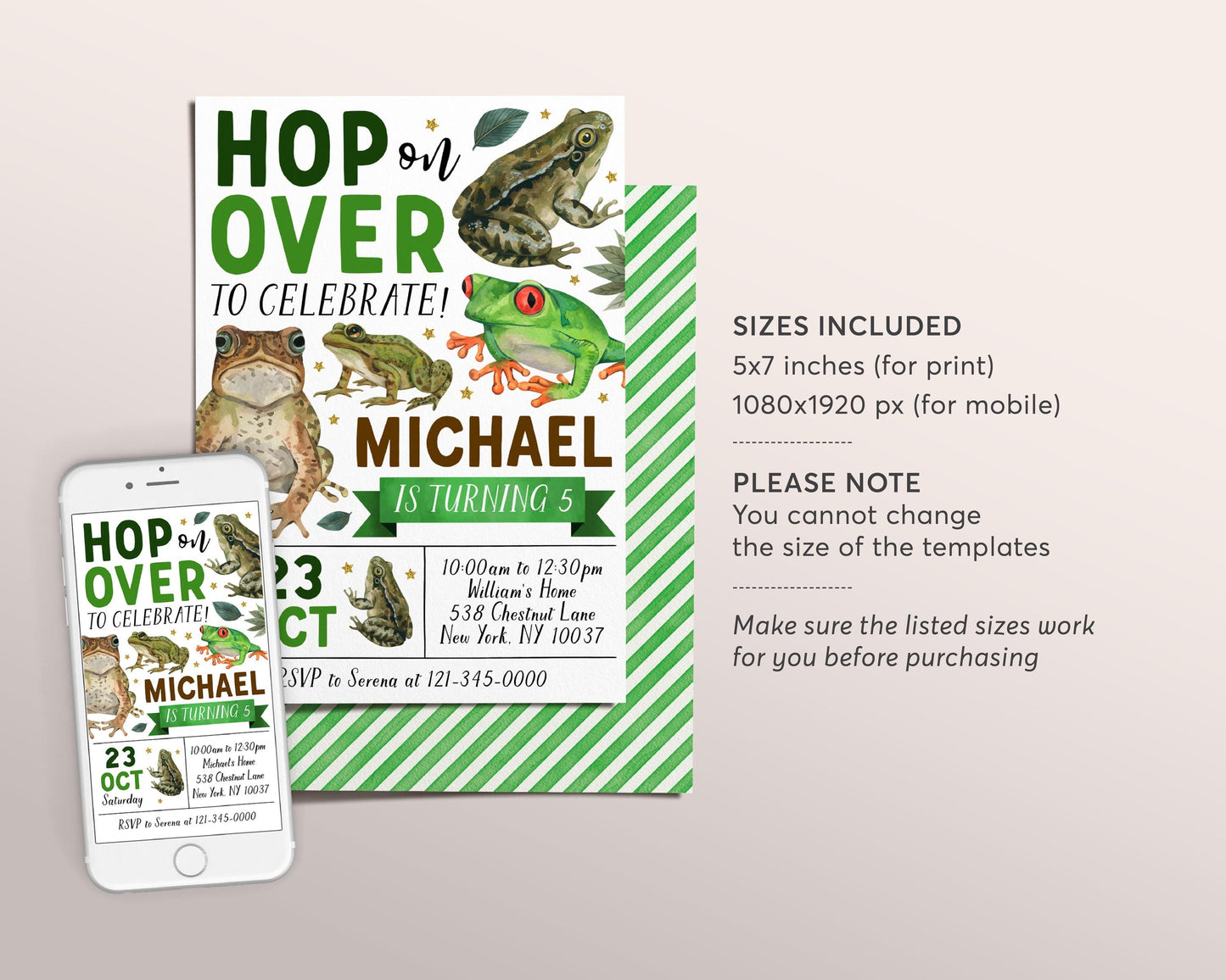 Frog Birthday Invitation Editable Template, Boy Hop On Over Frogs Theme Party Invite, Kids Swamp Pond Nature Amphibian Garden Outdoor Evite