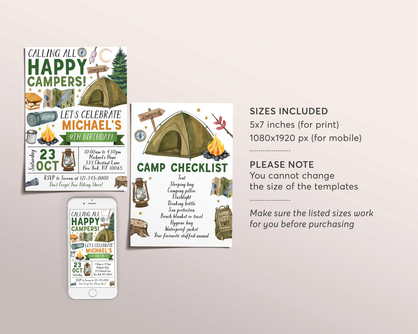 Camping Birthday Invitation Editable Template, Outdoor Camp Out Party Invite, Unisex Camp Checklist, Kids Rustic Tent Sleepover Hiking Evite