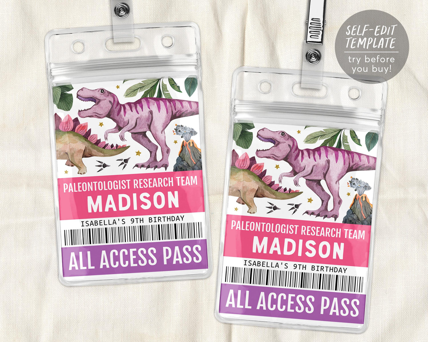 Dinosaur Party ID Badge VIP Pass Editable Template
